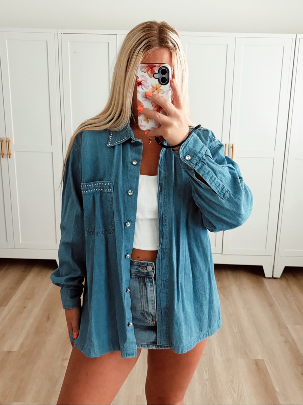Rhinestone diamond jean denim button up shirt